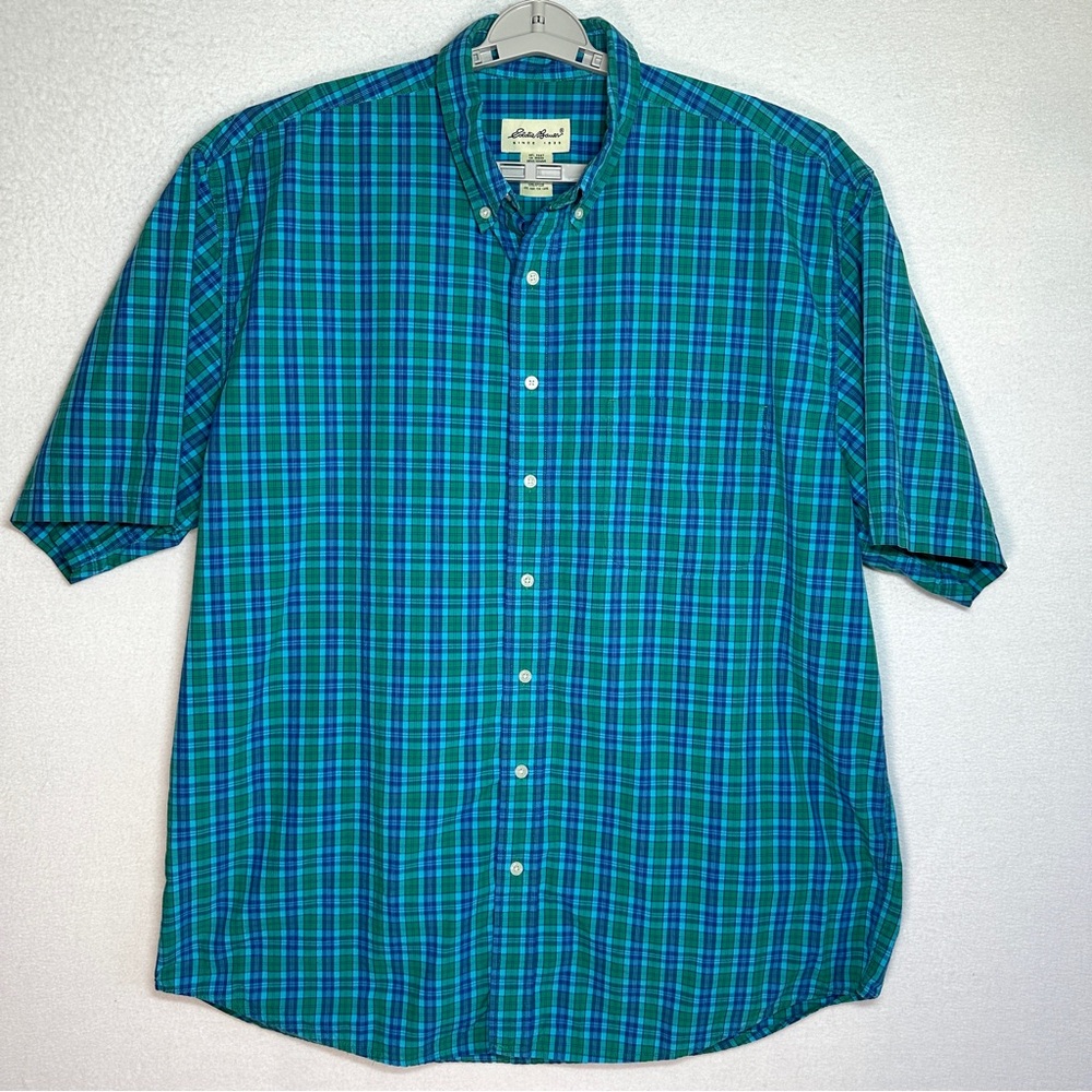 Eddie Bauer Button Down Plaid Shirt Mens XL Blue Green Short Sleeve 100% Cotton